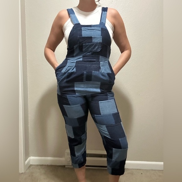 Denim - One of a Kind Patchwork Denim Overalls — Medium Petite Cropped Jean Jumpsuit